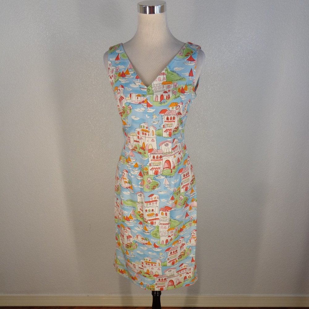 TALBOTS V-Neck Sailboat beach town sleeveless sheath dress V-Back sz 4 - Picture 3 of 6